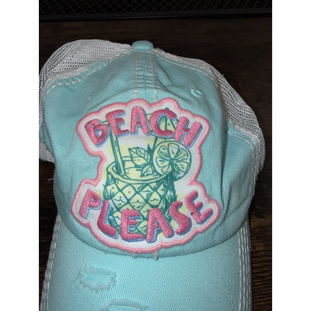 Beach Please‎ Trucker Hat KBETHOS Aqua Distressed Mesh Back Adjustable Cap